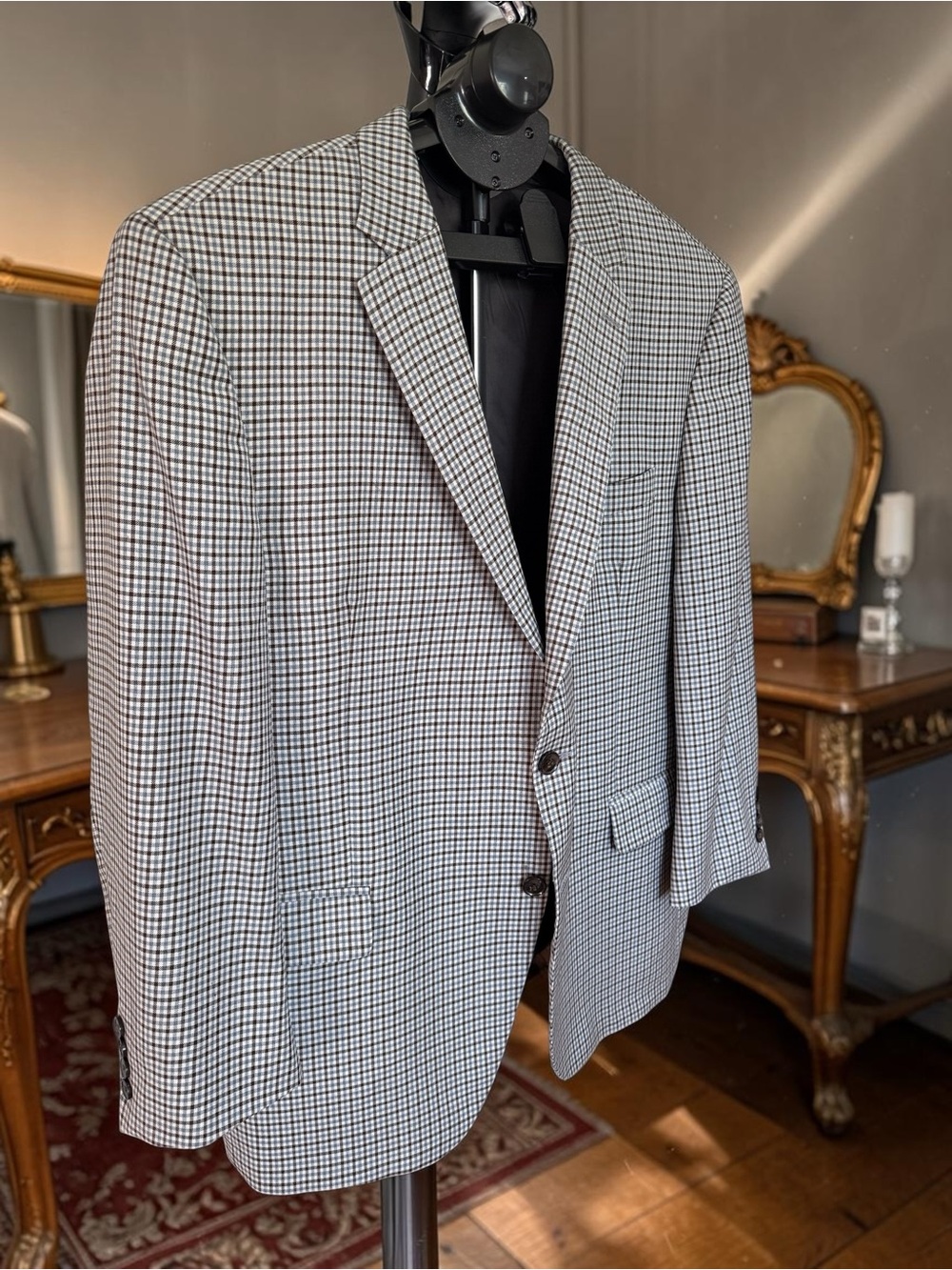 Peter Millar 46R Sport Coat Blazer 100% Wool Blue Brown Gingham Check Union Made
